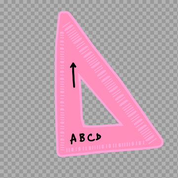 Pink Triangle Ruler with Handwritten Markings on Transparent Background


