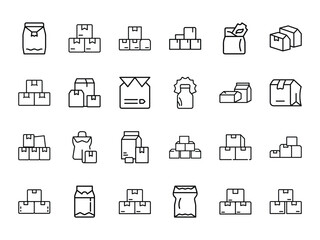 Bundle of Package and Parcel Icons in Minimal Silhouette Style on White Background – Shipping, Delivery, and Box Packaging Symbol Set