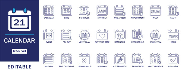 Calendar Icon Set. Featuring editable flat vector icons for schedule, date, planner, appointment, reminder, event, and organization. Perfect for apps, and web interface.