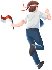 Boy Student Running with Indonesian Flag to Celebrate Independence Day Illustration on 17 August Illustration