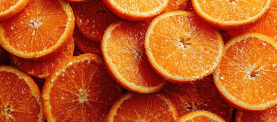 A vibrant close-up of numerous juicy orange slices, glistening with moisture, arranged in a dense and overlapping pattern