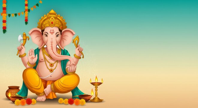 Flat vector illustration of Lord Ganesha with modern design, surrounded by festive elements, turquoise to beige gradient background