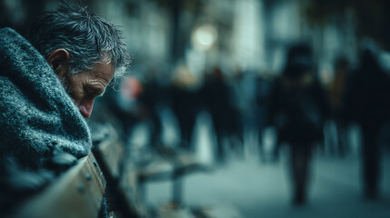 Homeless man sleeping on bench while people are passing by