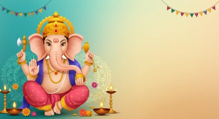 Flat vector illustration of Lord Ganesha with modern design, surrounded by festive elements, turquoise to beige gradient background