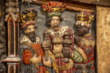 Santa Maria la Mayor’s basilica, Morella, Spain. Staircase relief : the Magi