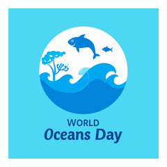 Naklejka premium A blue World Oceans Day graphic with sea waves fish tree and text set in a round white frame over a light blue background