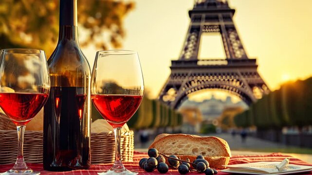 Wine picnic with the Eiffel Tower in the background. Selective focus. Nature.