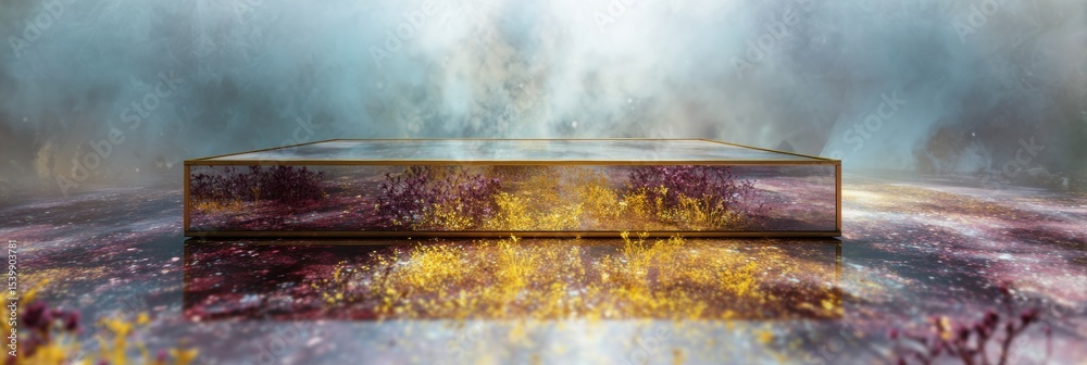 Poster Reflective Mirror Floating in an Abstract Field With Ethereal Colors and Textures During Twilight