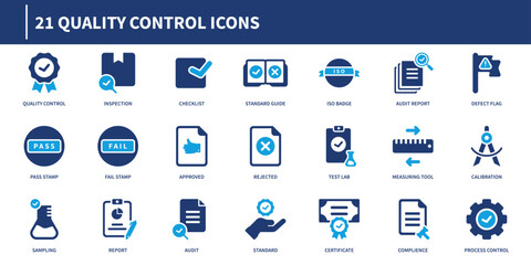 Quality control icon collection in modern solid style featuring inspection, checklist, approval, standards, laboratory, certification, and compliance symbols