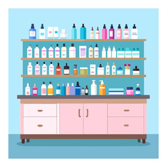 A light blue scene shows pink cabinets topped by shelves filled with bottles
