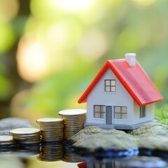 Dream Home Investment: A miniature house with a red roof sits on rocks beside stacks of coins reflecting in calm water, symbolizing real estate investment and financial stability.