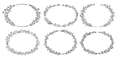 花と草と葉の丸いフレームの白黒の線画ベクターイラストセット /シンプルでおしゃれな手書きのラインアート
