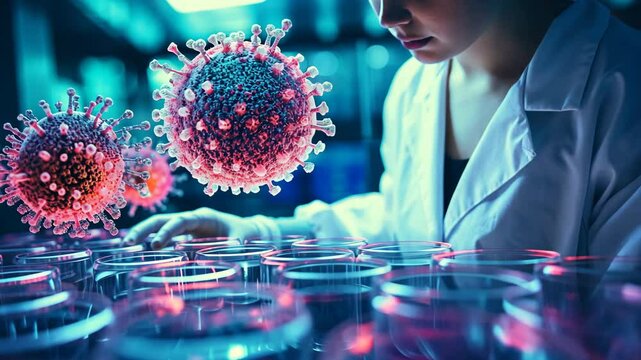 Microbiologist in the laboratory examines petri dishes. Selective focus. People.