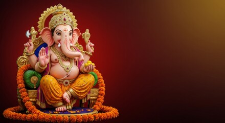 Lord Ganesha seated on a golden throne adorned with a halo, surrounded by garlands of marigold flowers, the background gradating from crimson to gold