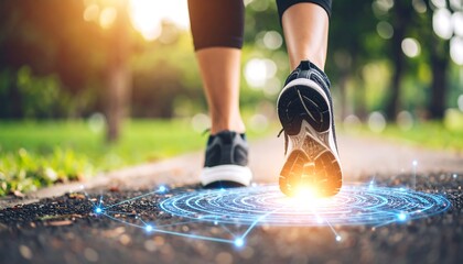 Woman jogging park with fitness tech.