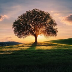 Obraz premium Solitary Tree at Sunset: A majestic oak tree stands silhouetted against a vibrant sunset, its branches reaching towards the heavens.