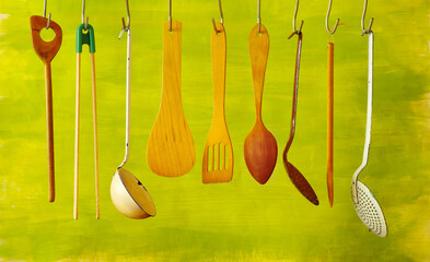 Vintage kitchen utensils on green background