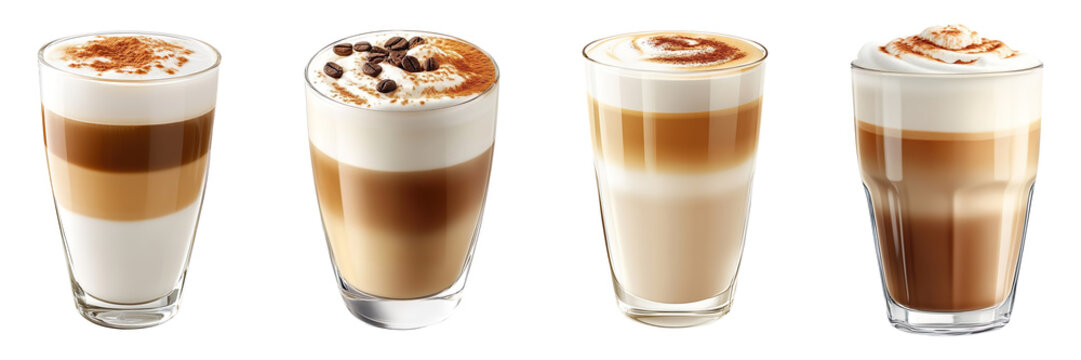 Collection of latte macchiatos, isolated on a transparent background