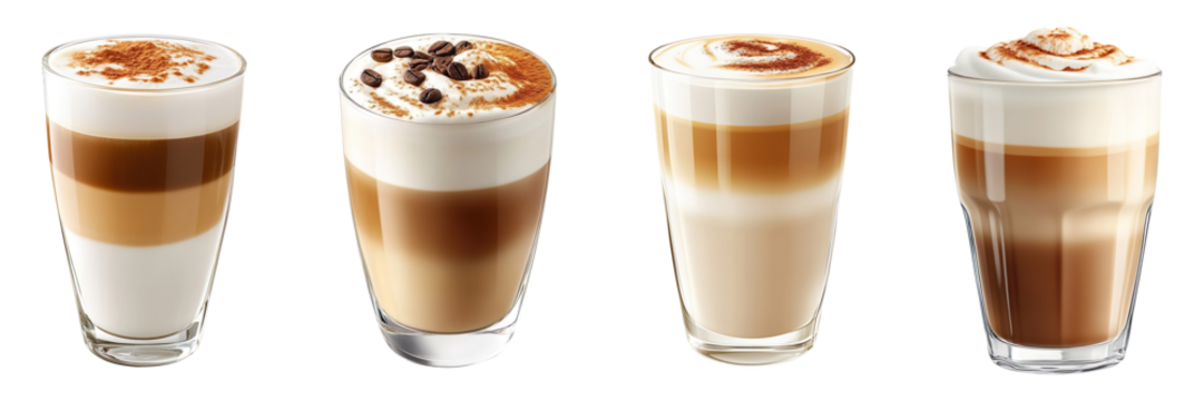 Collection of latte macchiatos, isolated on a transparent background