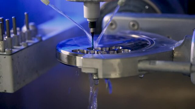 Milling machine for making veneers and crowns. Dental CNC machine processes titanium by rotating, polishing and rinsing with streams of water. Close-up.