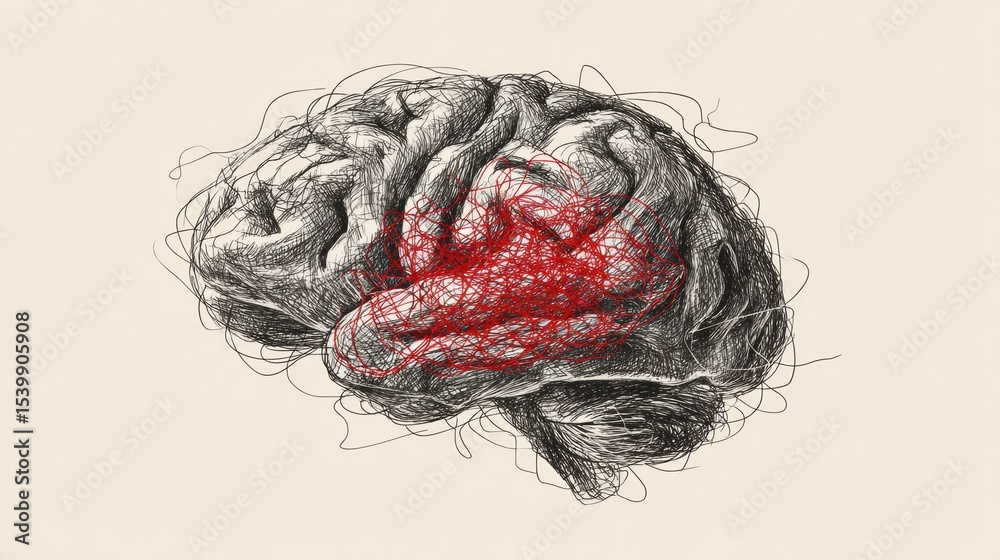 Aufkleber Scribbled Brain Sketch With Red Center, Inviting Creative Expressions for Messages