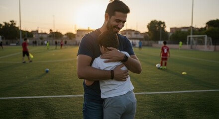 Father and son embrace on soccer field