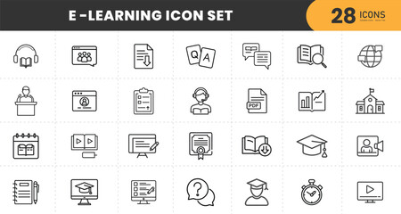  E-Learning Line Icons. Editable Stroke. Pixel Perfect. For Mobile and Web. Contains such icons as Book, Audiobook, Webinar, Online Education, Trophy.
