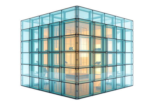 Modern architectural design of a glass cube building.