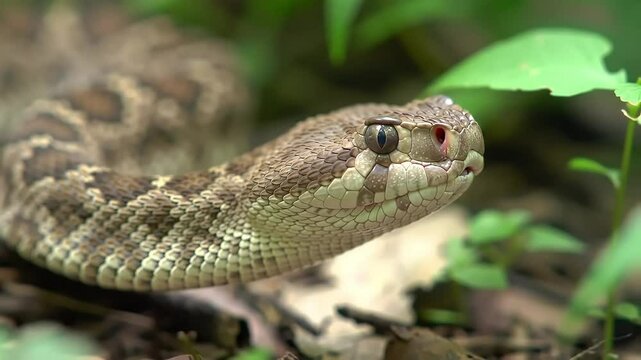 Close-Up of Brown Rattlesnake Head with Diamond Scale Patterns &ndash; Venomous Wildlife Reptile in Sharp Focus