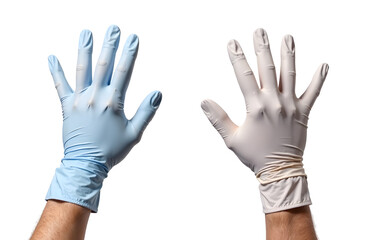 Obraz premium Two hands wearing different colored disposable gloves, realistic photo style, isolated on white background, concept of hygiene and protection
