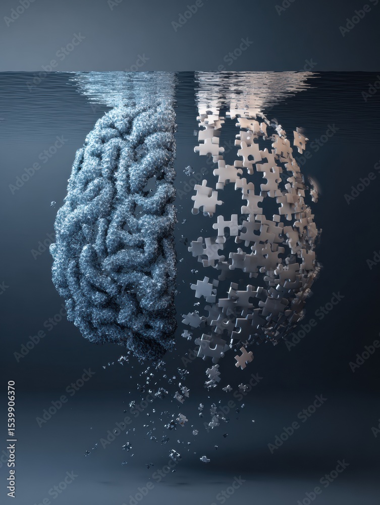 Aufkleber puzzle brain with missing pieces floating in water, depicting loss and disorder in thought processes