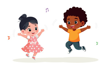 Happy Black Boy and Asian Girl Jumping – Cartoon Vector Illustration