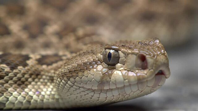 Close-Up of Brown Rattlesnake Head with Diamond Scale Patterns &ndash; Venomous Wildlife Reptile in Sharp Focus