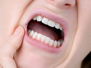 Fototapeta premium Close up of person showing healthy white teeth and pink gums with finger gently pulling cheek to reveal dental structure and oral hygiene
