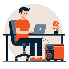 Man working on a laptop at a desk, computer, and flower pot