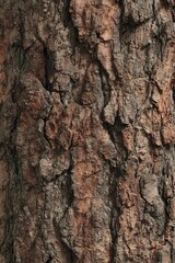 Obraz premium Close-up of rough, textured tree bark; dark brown and reddish hues, deeply furrowed and cracked