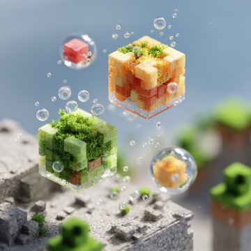 Floating, translucent cubes filled with miniature ecosystems of moss, lichen, and sponge-like textures, surrounded by water bubbles, rest on a textured, cubic base