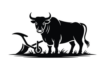 Bull with plow isolated on white background