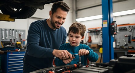 Father and son repairing a car