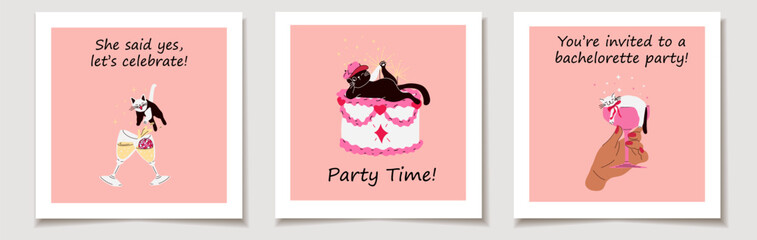 Cute Cartoon Cat Bachelorette Party Invitations.  Festive and Fun