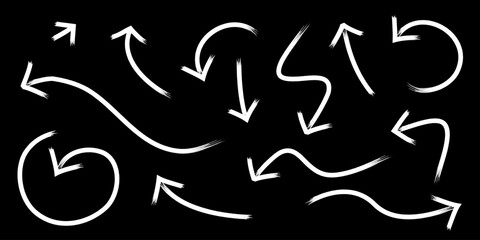 Set of white hand drawn brush stroke thin arrows. Collection of doodle arrows in different directions. Vector illustration.
