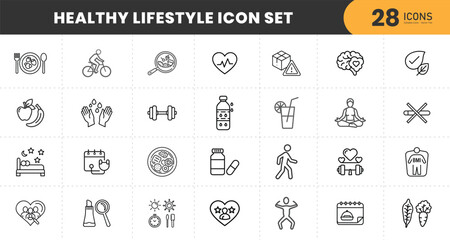  Healthy lifestyle set of web icons in line style. Fitness and sport icons for web and mobile app. Work and rest, physical activity, exercise, gym, sleep, body care and a diet. Editable stroke 
