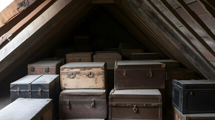 Dimly lit attic filled with dusty old wooden trunks and chests, evoking sense of mystery and nostalgia in quiet, shadowy space