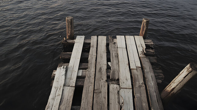 Dilapidated wooden pier with missing boards extends over dark water, evoking sense of abandonment and rustic decay in quiet, natural setting - Powered by Adobe