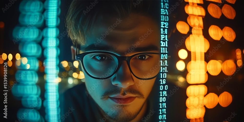 Poster man inspecting digital code stream while navigating cybersecurity challenges and confronting threats