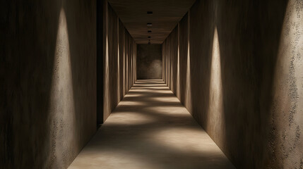 Dimly lit corridor with textured walls and ceiling lights casting long shadows along floor, creating mysterious and moody atmosphere in narrow passageway