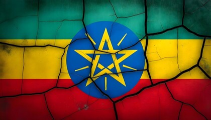Grungy cracked wall painted with Ethiopian flag colors and emblem