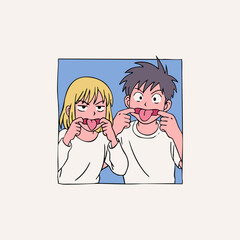 Portrait of lovely young couple showing tongue, fooling around. Anime, manga, kawaii asian style. Hand drawn Vector illustration. Love, relationship, Valentine's Day, emotions, dating concept