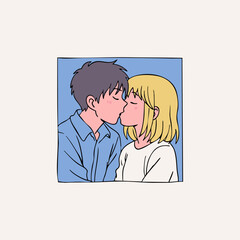 Portrait of lovely young couple hugging and kissing. Anime, manga, kawaii asian style. Hand drawn Vector illustration. Love, relationship, Valentine's Day, emotions, dating concept