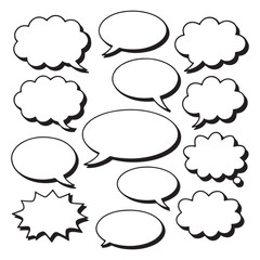 Speech bubble bold black outline comic cartoon set with shadow on white background for dialogue and thought